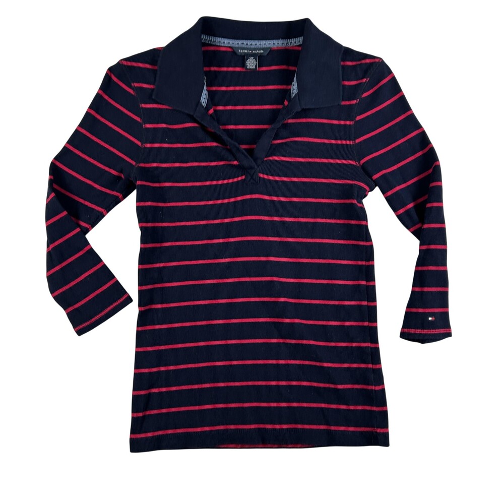 Tommy Hilfiger Shirt Womens Small Navy Pink Stripe Long Sleeve Collared Cotton